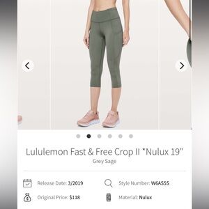 Lululemon fast and free crop grey sage